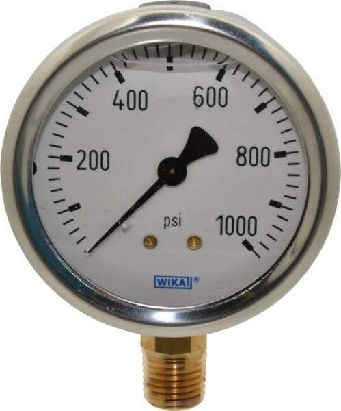 Wika - 2-1/2" Dial, 1/4 Thread, 0-1,000 Scale Range, Pressure Gauge - Lower Connection Mount, Accurate to 1.5% of Scale - Exact Industrial Supply