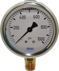 Wika - 2-1/2" Dial, 1/4 Thread, 0-1,000 Scale Range, Pressure Gauge - Lower Connection Mount, Accurate to 1.5% of Scale - Exact Industrial Supply