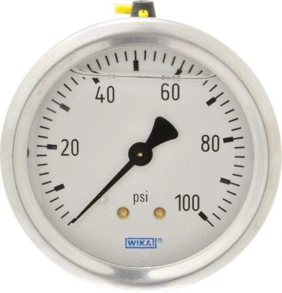 Wika - 2-1/2" Dial, 1/4 Thread, 0-100 Scale Range, Pressure Gauge - Center Back Connection Mount, Accurate to 1.5% of Scale - Exact Industrial Supply