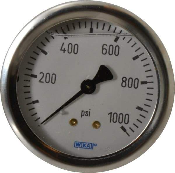 Wika - 2-1/2" Dial, 1/4 Thread, 0-1,000 Scale Range, Pressure Gauge - Center Back Connection Mount, Accurate to 1.5% of Scale - Exact Industrial Supply