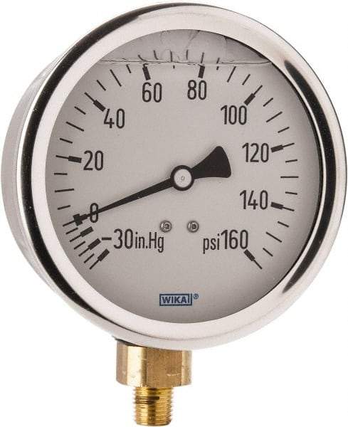 Wika - 4" Dial, 1/4 Thread, 30-0-160 Scale Range, Pressure Gauge - Lower Connection Mount, Accurate to 1% of Scale - Exact Industrial Supply