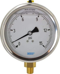 Wika - 4" Dial, 1/4 Thread, 0-15 Scale Range, Pressure Gauge - Lower Connection Mount, Accurate to 1% of Scale - Exact Industrial Supply