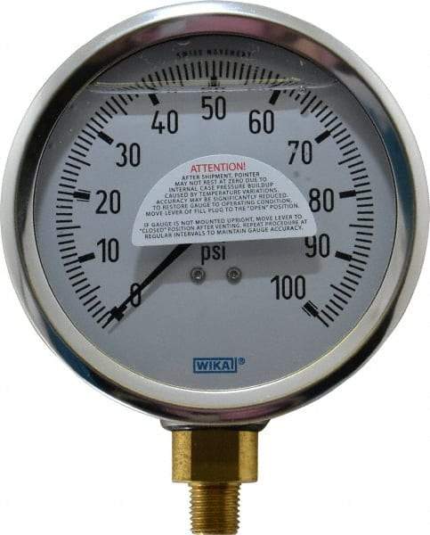 Wika - 4" Dial, 1/4 Thread, 0-100 Scale Range, Pressure Gauge - Lower Connection Mount, Accurate to 1% of Scale - Exact Industrial Supply