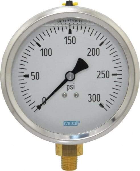 Wika - 4" Dial, 1/4 Thread, 0-300 Scale Range, Pressure Gauge - Lower Connection Mount, Accurate to 1% of Scale - Exact Industrial Supply