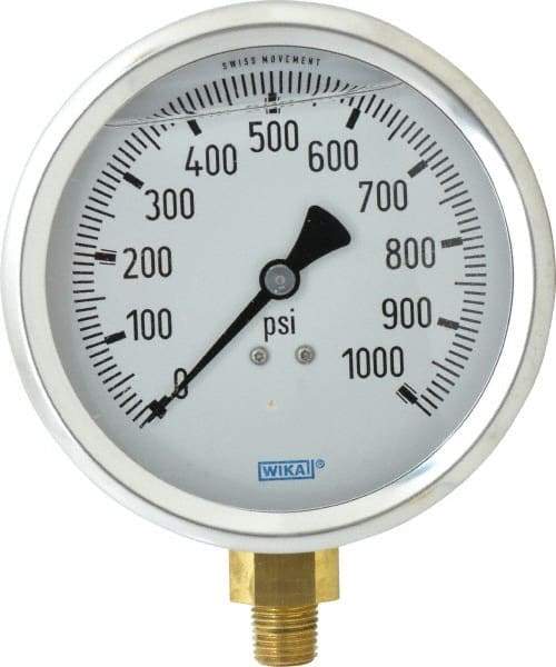 Wika - 4" Dial, 1/4 Thread, 0-1,000 Scale Range, Pressure Gauge - Lower Connection Mount, Accurate to 1% of Scale - Exact Industrial Supply