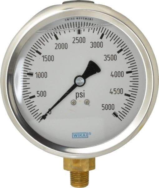 Wika - 4" Dial, 1/4 Thread, 0-5,000 Scale Range, Pressure Gauge - Lower Connection Mount, Accurate to 1% of Scale - Exact Industrial Supply