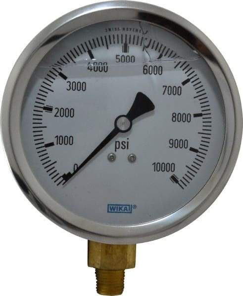 Wika - 4" Dial, 1/4 Thread, 0-10,000 Scale Range, Pressure Gauge - Lower Connection Mount, Accurate to 1% of Scale - Exact Industrial Supply