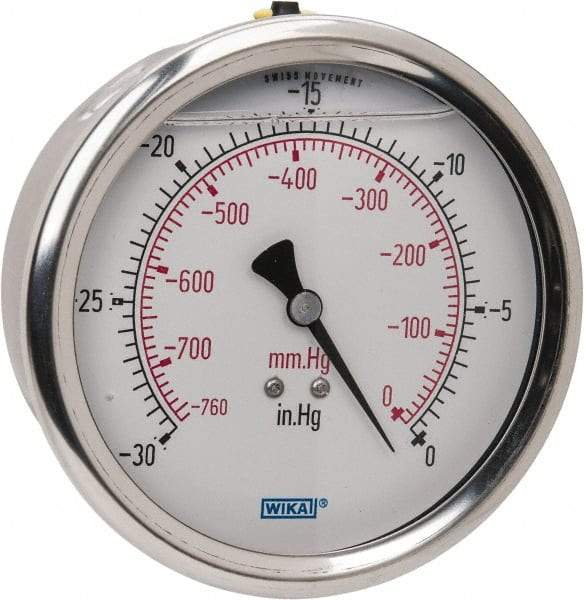 Wika - 4" Dial, 1/4 Thread, 30-0 Scale Range, Pressure Gauge - Lower Back Connection Mount, Accurate to 1% of Scale - Exact Industrial Supply
