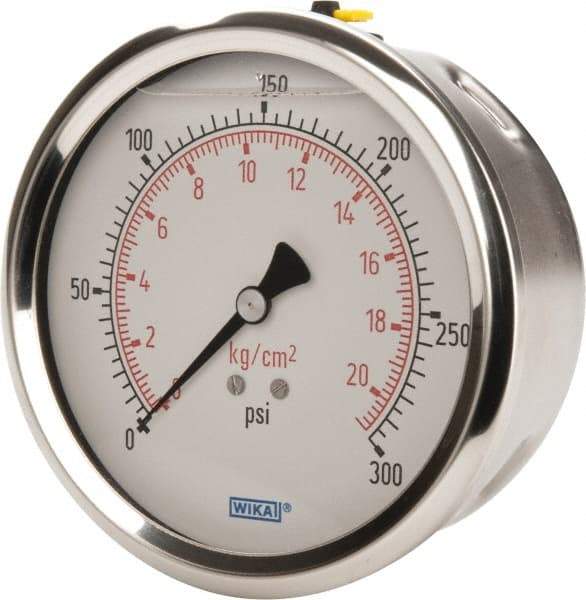 Wika - 4" Dial, 1/4 Thread, 0-300 Scale Range, Pressure Gauge - Lower Back Connection Mount, Accurate to 1% of Scale - Exact Industrial Supply