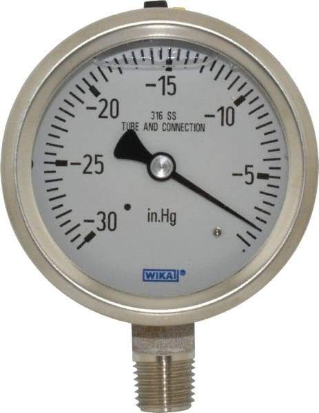 Wika - 2-1/2" Dial, 1/4 Thread, 30-0 Scale Range, Pressure Gauge - Lower Connection Mount, Accurate to 1.5% of Scale - Exact Industrial Supply