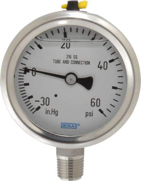 Wika - 2-1/2" Dial, 1/4 Thread, 30-0-60 Scale Range, Pressure Gauge - Lower Connection Mount, Accurate to 1.5% of Scale - Exact Industrial Supply