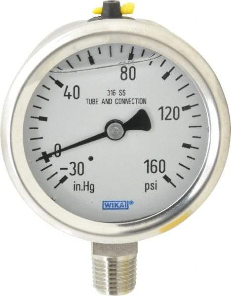 Wika - 2-1/2" Dial, 1/4 Thread, 30-0-160 Scale Range, Pressure Gauge - Lower Connection Mount, Accurate to 1.5% of Scale - Exact Industrial Supply