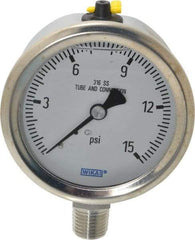 Wika - 2-1/2" Dial, 1/4 Thread, 0-15 Scale Range, Pressure Gauge - Lower Connection Mount, Accurate to 1.5% of Scale - Exact Industrial Supply