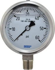 Wika - 2-1/2" Dial, 1/4 Thread, 0-60 Scale Range, Pressure Gauge - Lower Connection Mount, Accurate to 1.5% of Scale - Exact Industrial Supply