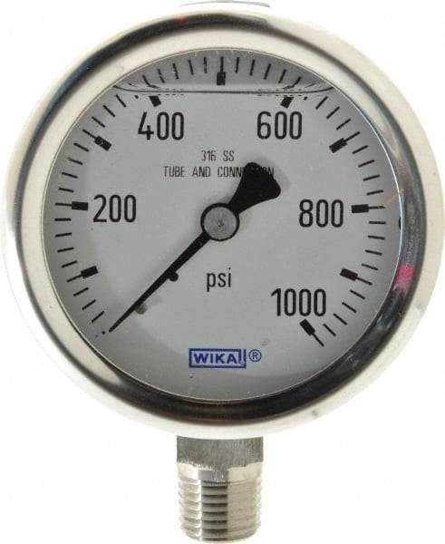 Wika - 2-1/2" Dial, 1/4 Thread, 0-1,000 Scale Range, Pressure Gauge - Lower Connection Mount, Accurate to 1.5% of Scale - Exact Industrial Supply