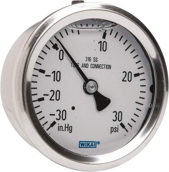 Wika - 2-1/2" Dial, 1/4 Thread, 30-0-30 Scale Range, Pressure Gauge - Center Back Connection Mount, Accurate to 1.5% of Scale - Exact Industrial Supply