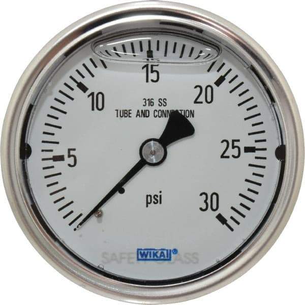 Wika - 2-1/2" Dial, 1/4 Thread, 0-30 Scale Range, Pressure Gauge - Center Back Connection Mount, Accurate to 1.5% of Scale - Exact Industrial Supply