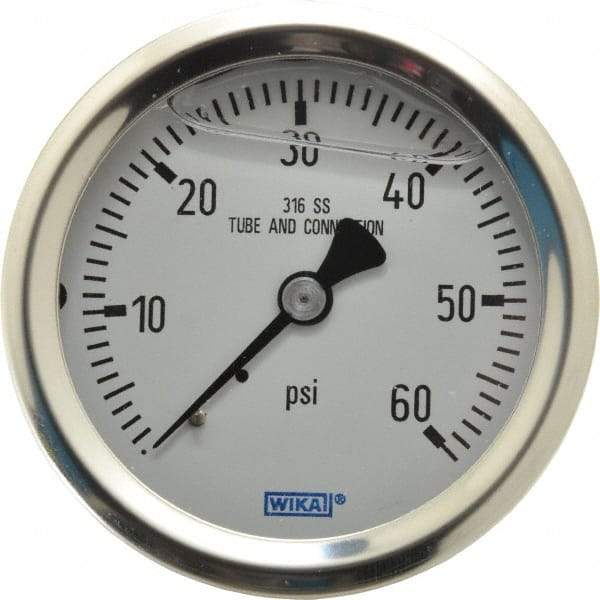Wika - 2-1/2" Dial, 1/4 Thread, 0-60 Scale Range, Pressure Gauge - Center Back Connection Mount, Accurate to 1.5% of Scale - Exact Industrial Supply
