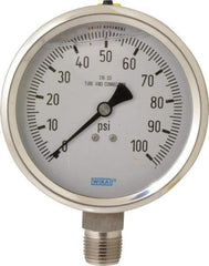 Wika - 4" Dial, 1/2 Thread, 0-100 Scale Range, Pressure Gauge - Lower Connection Mount, Accurate to 1% of Scale - Exact Industrial Supply