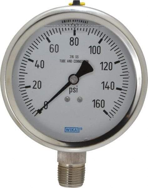 Wika - 4" Dial, 1/2 Thread, 0-160 Scale Range, Pressure Gauge - Lower Connection Mount, Accurate to 1% of Scale - Exact Industrial Supply