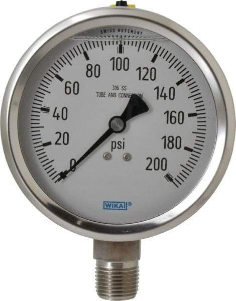 Wika - 4" Dial, 1/2 Thread, 0-200 Scale Range, Pressure Gauge - Lower Connection Mount, Accurate to 1% of Scale - Exact Industrial Supply