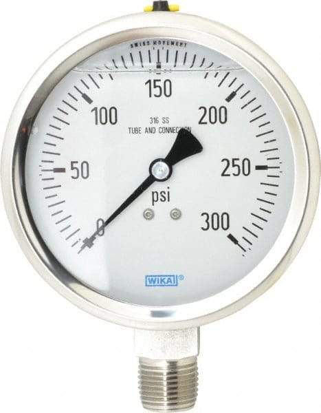 Wika - 4" Dial, 1/2 Thread, 0-300 Scale Range, Pressure Gauge - Lower Connection Mount, Accurate to 1% of Scale - Exact Industrial Supply