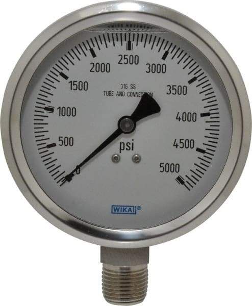 Wika - 4" Dial, 1/2 Thread, 0-5,000 Scale Range, Pressure Gauge - Lower Connection Mount, Accurate to 1% of Scale - Exact Industrial Supply