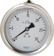 Wika - 4" Dial, 1/2 Thread, 0-30 Scale Range, Pressure Gauge - Lower Back Connection Mount, Accurate to 1% of Scale - Exact Industrial Supply