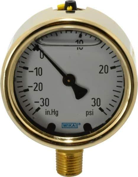 Wika - 2-1/2" Dial, 1/4 Thread, 30-0-30 Scale Range, Pressure Gauge - Lower Connection Mount, Accurate to 1.5% of Scale - Exact Industrial Supply