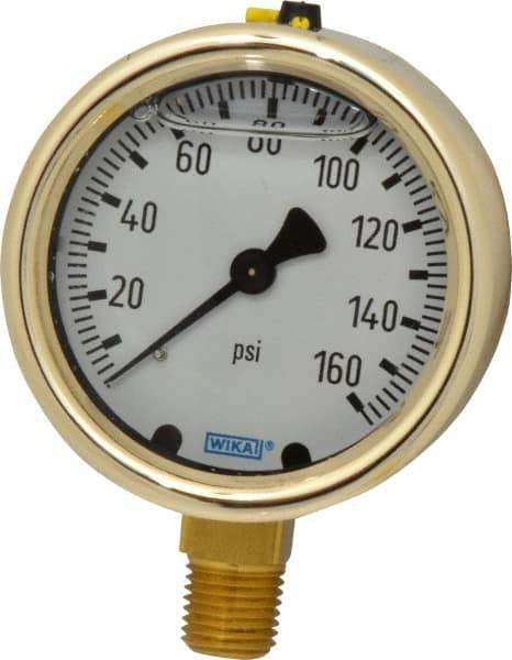 Wika - 2-1/2" Dial, 1/4 Thread, 0-160 Scale Range, Pressure Gauge - Lower Connection Mount, Accurate to 1.5% of Scale - Exact Industrial Supply