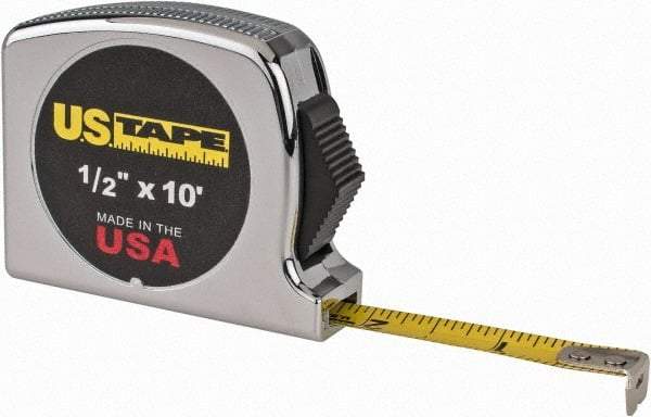 US Tape - 10' x 1/2" Yellow Blade Tape Measure - 1/16" Graduation, Inch Graduation Style, Silver Case - Exact Industrial Supply