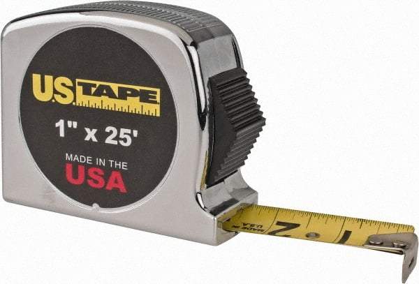 US Tape - 25' x 1" Yellow Blade Tape Measure - 1/32 & 1/16" Graduation, Inch Graduation Style, Silver Case - Exact Industrial Supply