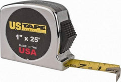 US Tape - 25' x 1" Yellow Blade Tape Measure - 1/32 & 1/16" Graduation, Inch Graduation Style, Silver Case - Exact Industrial Supply