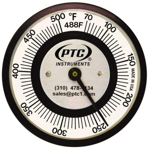 PTC Instruments - 70 to 500°F, 2 Inch Dial Diameter, Pipe Surface Spring Held Thermometer - 5° Division Graduation - Exact Industrial Supply