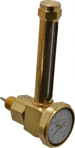 LDI Industries - 2-3/4 Inch Long Sight, 1/4 Inch Thread Size, Buna-N Seal Elbow With 1-3/8 Inch Dial Thermometer, Vented Oil-Level Indicators and Gauge - 4-1/4 Inch Length to Center of Base - Exact Industrial Supply