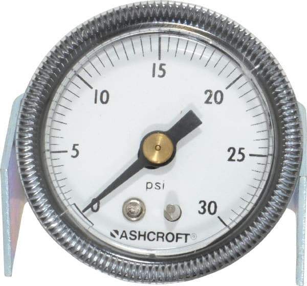 Ashcroft - 1-1/2" Dial, 1/8 Thread, 0-30 Scale Range, Pressure Gauge - Center Back Connection Mount - Exact Industrial Supply