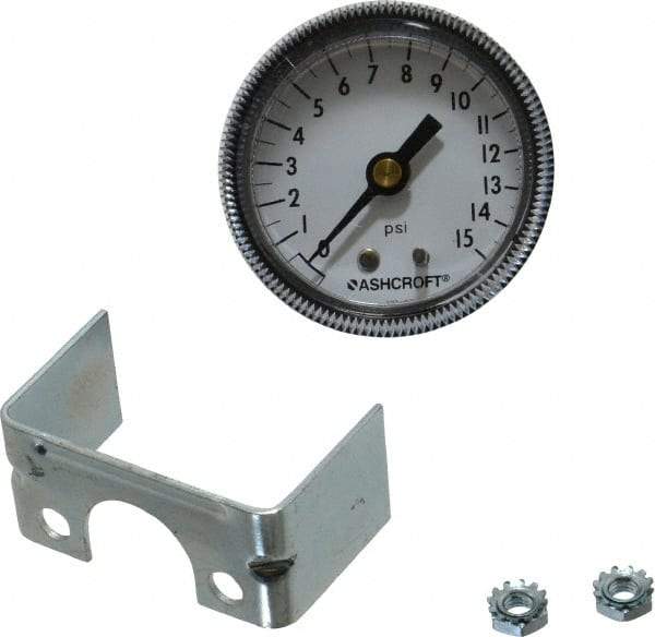 Ashcroft - 2" Dial, 1/4 Thread, 0-15 Scale Range, Pressure Gauge - Center Back Connection Mount - Exact Industrial Supply