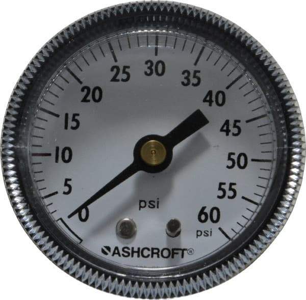 Ashcroft - 2" Dial, 1/4 Thread, 0-60 Scale Range, Pressure Gauge - Center Back Connection Mount - Exact Industrial Supply