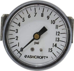 Ashcroft - 2-1/2" Dial, 1/4 Thread, 0-15 Scale Range, Pressure Gauge - Center Back Connection Mount - Exact Industrial Supply