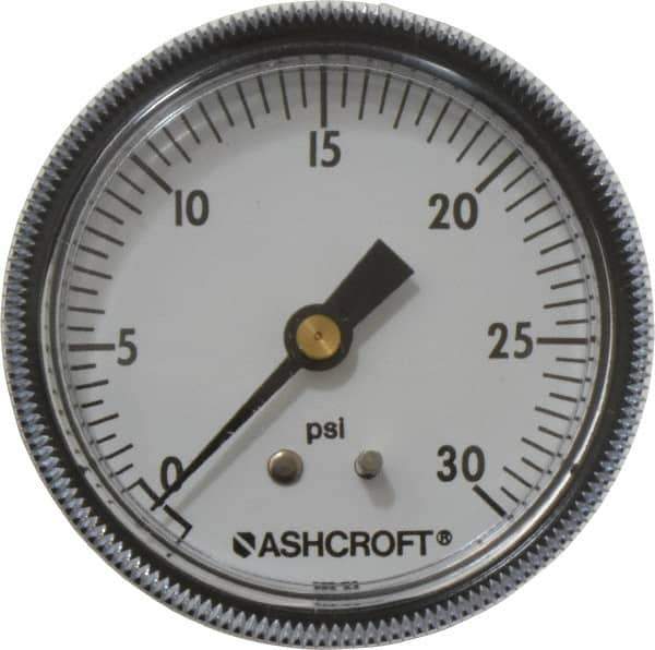 Ashcroft - 2-1/2" Dial, 1/4 Thread, 0-30 Scale Range, Pressure Gauge - Center Back Connection Mount - Exact Industrial Supply