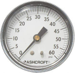 Ashcroft - 2-1/2" Dial, 1/4 Thread, 0-60 Scale Range, Pressure Gauge - Center Back Connection Mount - Exact Industrial Supply