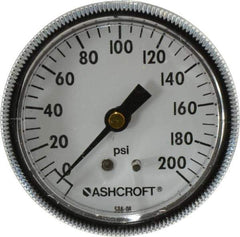 Ashcroft - 2-1/2" Dial, 1/4 Thread, 0-200 Scale Range, Pressure Gauge - Center Back Connection Mount - Exact Industrial Supply