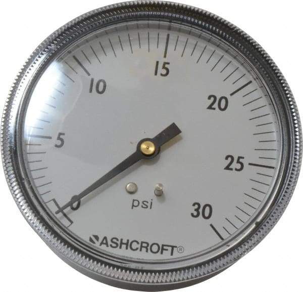 Ashcroft - 3-1/2" Dial, 1/4 Thread, 0-30 Scale Range, Pressure Gauge - Center Back Connection Mount - Exact Industrial Supply