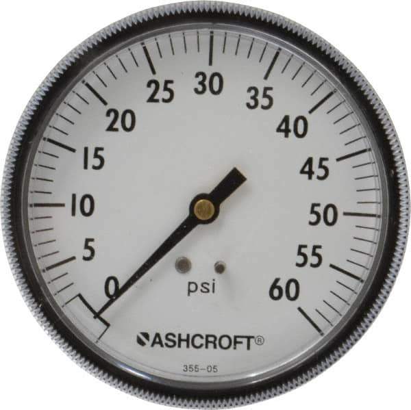 Ashcroft - 3-1/2" Dial, 1/4 Thread, 0-60 Scale Range, Pressure Gauge - Center Back Connection Mount - Exact Industrial Supply