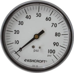 Ashcroft - 3-1/2" Dial, 1/4 Thread, 0-100 Scale Range, Pressure Gauge - Center Back Connection Mount - Exact Industrial Supply