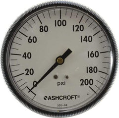 Ashcroft - 3-1/2" Dial, 1/4 Thread, 0-200 Scale Range, Pressure Gauge - Center Back Connection Mount - Exact Industrial Supply