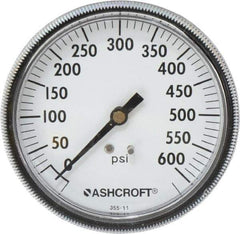 Ashcroft - 3-1/2" Dial, 1/4 Thread, 0-600 Scale Range, Pressure Gauge - Center Back Connection Mount - Exact Industrial Supply