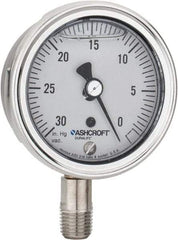 Ashcroft - 2-1/2" Dial, 1/4 Thread, 30-0 Scale Range, Pressure Gauge - Lower Connection Mount, Accurate to 1% of Scale - Exact Industrial Supply