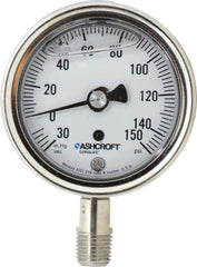 Ashcroft - 2-1/2" Dial, 1/4 Thread, 30-0-150 Scale Range, Pressure Gauge - Lower Connection Mount, Accurate to 1% of Scale - Exact Industrial Supply