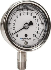 Ashcroft - 2-1/2" Dial, 1/4 Thread, 0-15 Scale Range, Pressure Gauge - Lower Connection Mount, Accurate to 1% of Scale - Exact Industrial Supply